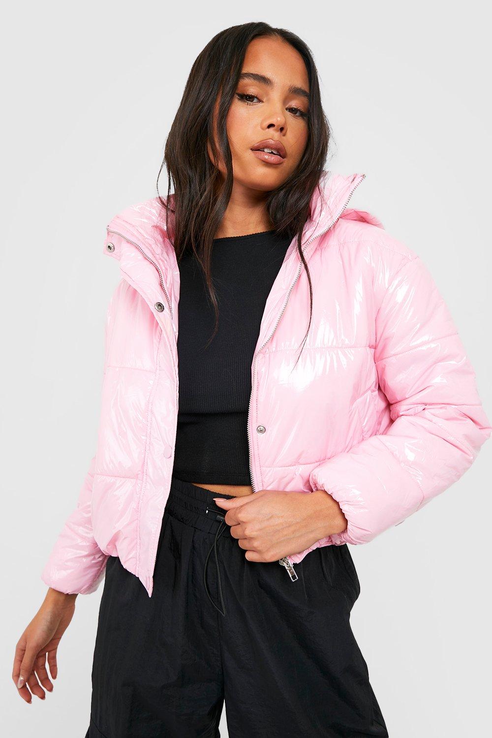 Petite hooded crop hot sale high shine coat